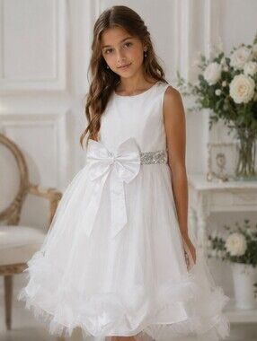White Satin & Tulle Party Dress with Sequin Waist Bow Accent 10-12 Years